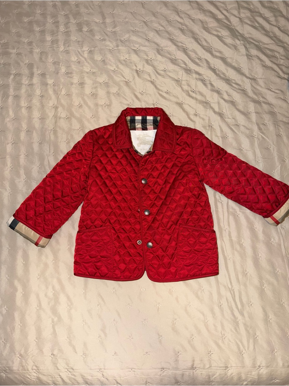 Burberry Quilted Red Kids' Puffer Jacket with Signature Plaid Trim